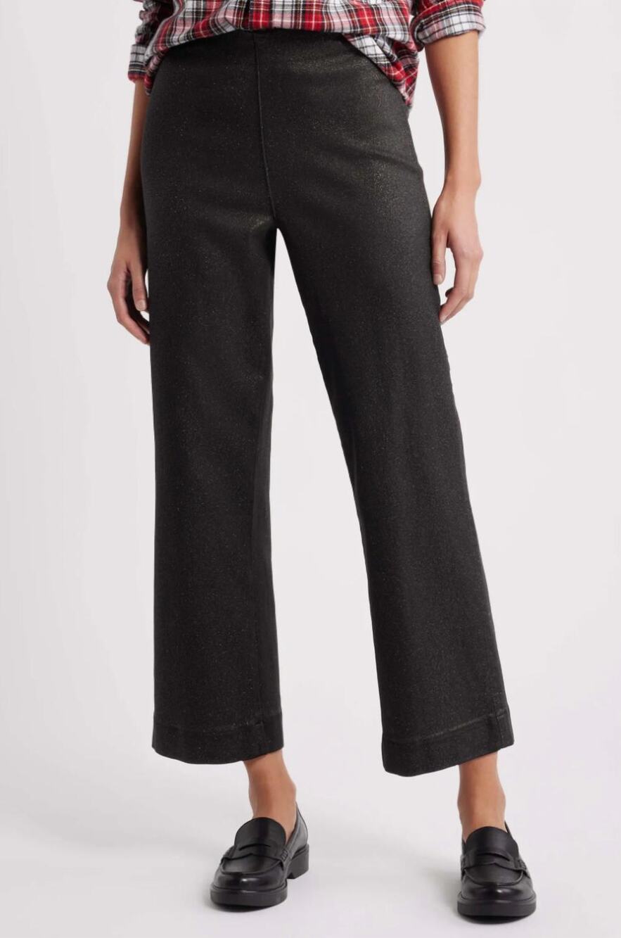 Frank & Eileen Westport Illusion Wide Leg Pull On Jean Black Gold Glitter 4 NWT